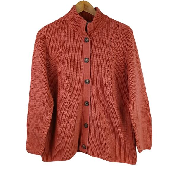 Coldwater Creek Women's SZ L 100% Cotton Shaker Detail Button Cardigan In Spice - Picture 2 of 5